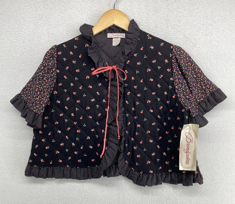 BRANDYWINE Bed Jacket M Ditsy Floral Quilted Bolero Ruffle Tie Cotton Black NEW